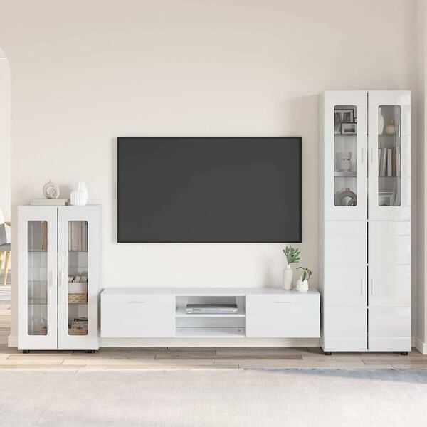 vidaXL TV Cabinet Set with Drawer High Gloss White Engineered Wood