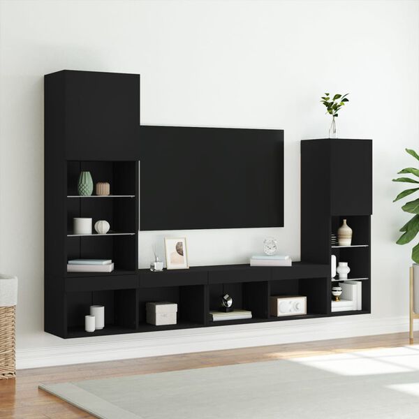 vidaXL 4 Piece TV Wall Units with LED Black Engineered Wood