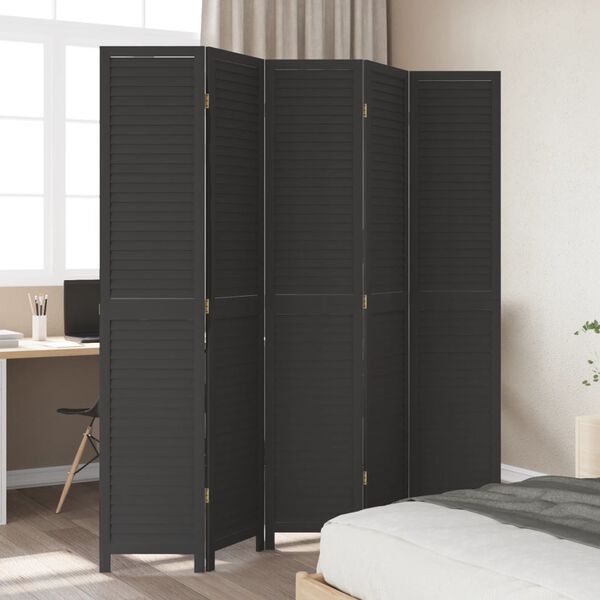 vidaXL Room Divider 5 Panels Black Solid Wood Paulownia