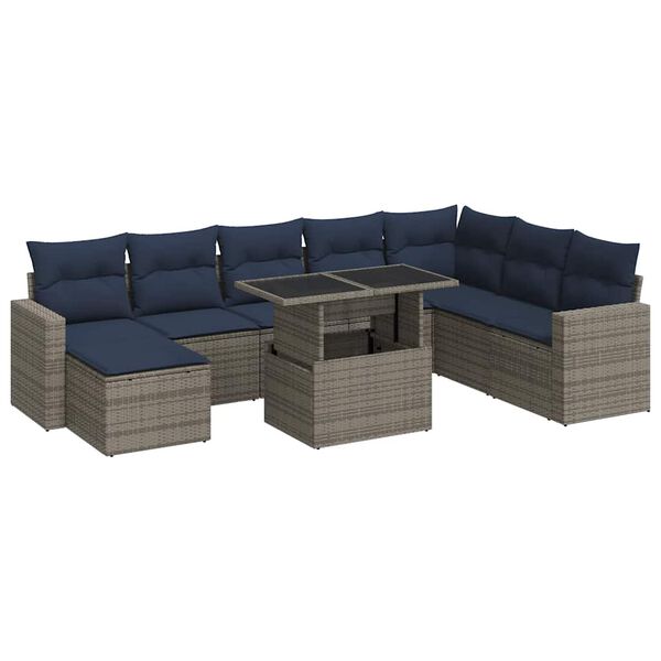 vidaXL 9 Piece Garden Sofa Set with Cushions Grey Poly Rattan Acacia