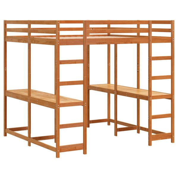 vidaXL Loft Bed with Desk and Ladder Wax Brown 180x200 cm Super King Solid Wood Pine