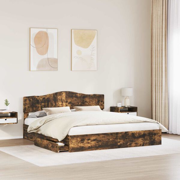 vidaXL Storage Bed with Drawer Smoked Oak 200 x 200 cm Engineered Wood