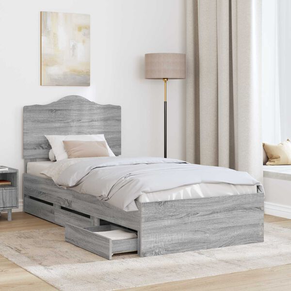 vidaXL Bed Frame with Drawer Grey Sonoma 75 x 190 cm Engineer Wood