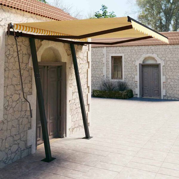 vidaXL Manual Retractable Awning with Posts 3.5x2.5 m Yellow & White