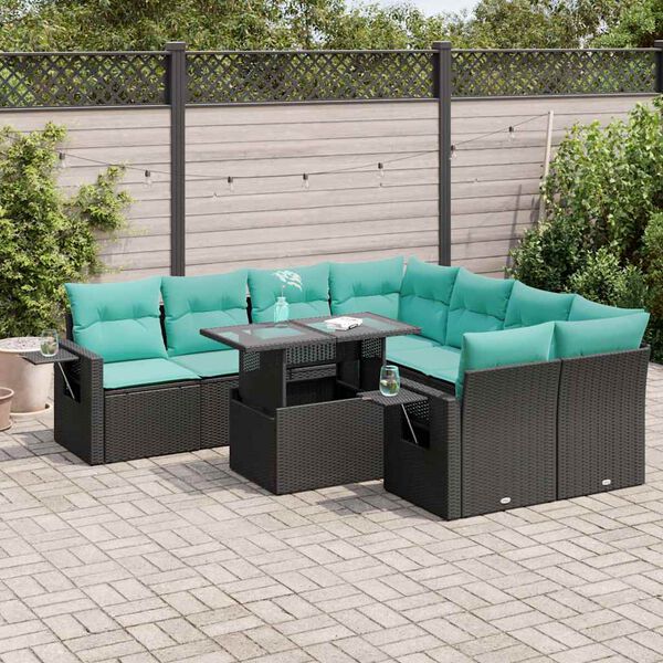 vidaXL 9 Piece Garden Sofa Set with Cushions Black Poly Rattan Acacia