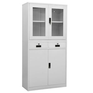 vidaXL Office Cabinet | Light Grey | Steel and Tempered Glass | Large