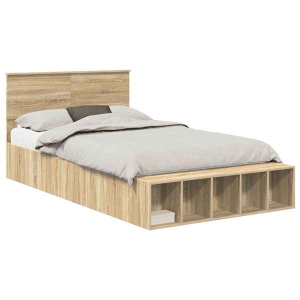 vidaXL Bed Frame with Shelf Sonoma Oak 135 x 190 cm Engineered Wood