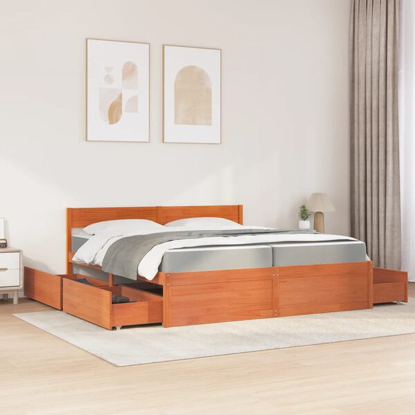 vidaXL Bed with Drawers and Mattress Wax Brown 200x200 cm Solid Wood Pine