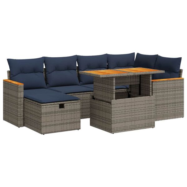 vidaXL 7 Piece Garden Sofa Set with Cushions Grey Poly Rattan Acacia
