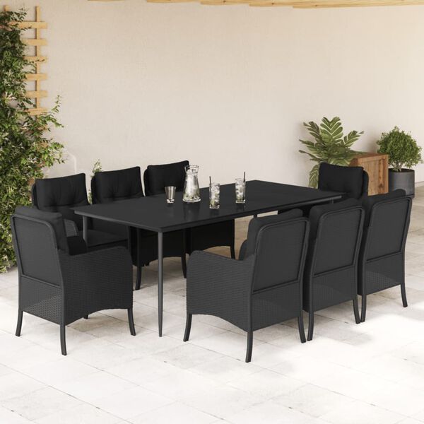 vidaXL 9 Piece Garden Dining Set with Cushions Black Poly Rattan