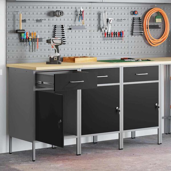vidaXL Work Cabinet with Drawer 3 pcs Black and Grey 150 x 55 x 85 cm