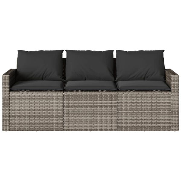 vidaXL Garden Sofa with Cushions 3-Seater Grey Poly Rattan