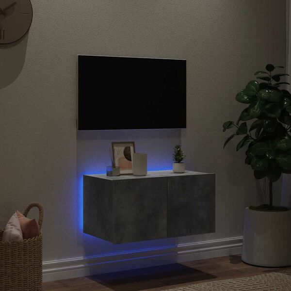 vidaXL TV Wall Cabinet with LED Lights Concrete Grey 60x35x31 cm