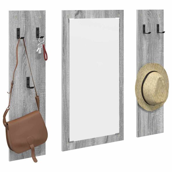 vidaXL Wall-Mounted Coat Rack with Mirror Grey Sonoma 96 x 1.5 x 90 cm