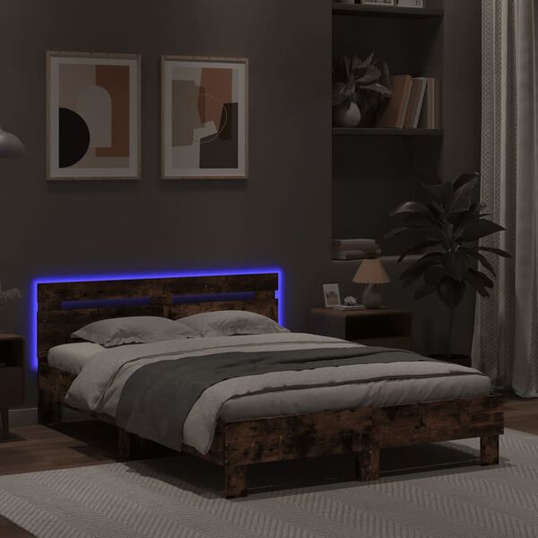 vidaXL Bed Frame with LED without Mattress Smoked Oak 120x200 cm