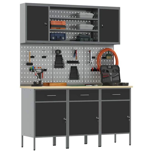 vidaXL Work Cabinet with Drawer 7 pcs Black Engineered Wood and Steel