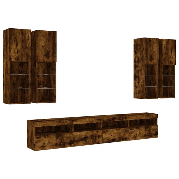 vidaXL 7 Piece TV Wall Cabinet Set with LED Lights Smoked Oak