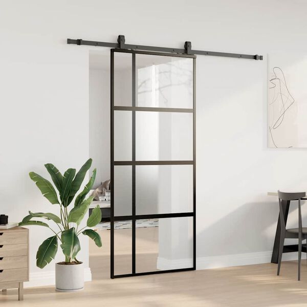 vidaXL Sliding Door with Hardware Set Black 90x205 cm Tempered Glass