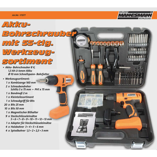 Br&uuml;der Mannesmann 55 Piece Cordless Drill Set 8 V 1.3 Ah