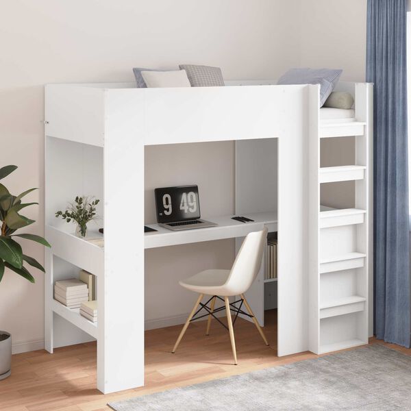 vidaXL Loft Bed Frame with Desk White 98.5 x 200 cm Engineered Wood