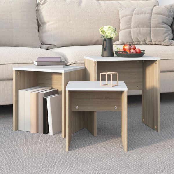 vidaXL Nesting Coffee Tables 3 pcs White and Sonoma Oak Engineered Wood