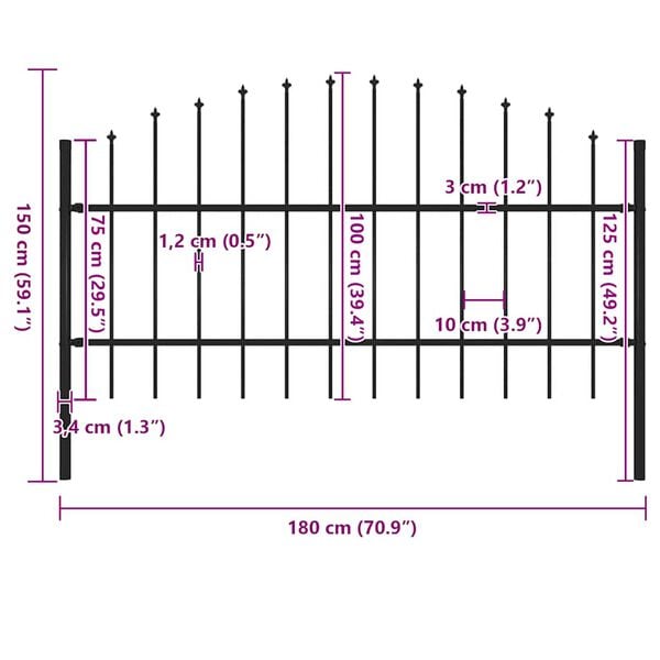 vidaXL Garden Fence with Spear Top Steel 170x100 cm Black