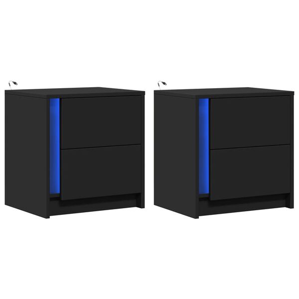 vidaXL Bedside Cabinets with LED Lights 2 pcs Black Engineered Wood