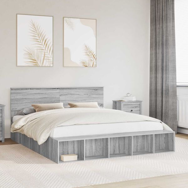 vidaXL Bed Frame with Shelf Grey Sonoma 200 x 200 cm Engineered Wood