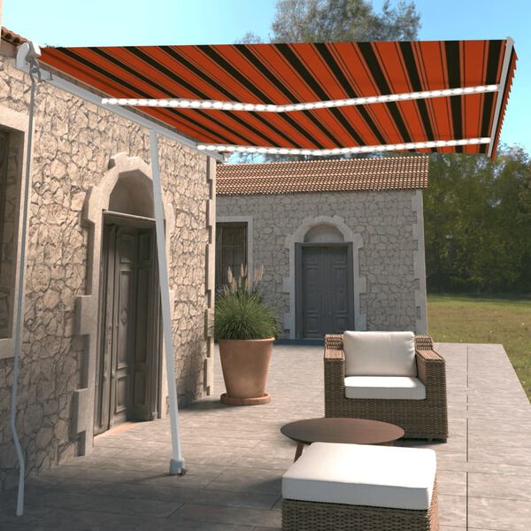 vidaXL Manual Retractable Awning with LED 350x250 cm Orange and Brown