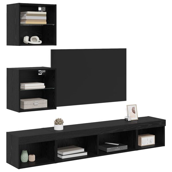 vidaXL TV Wall Units with LED with LED 5 pcs Black Oak Engineered Wood