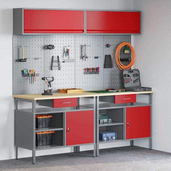 vidaXL Work Bench Set with Drawer 8 pcs Red 200 x 55 x 200 cm Steel