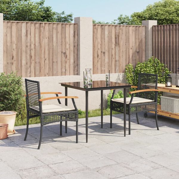 vidaXL 3 Piece Garden Dining Set with Cushions Black Poly Rattan