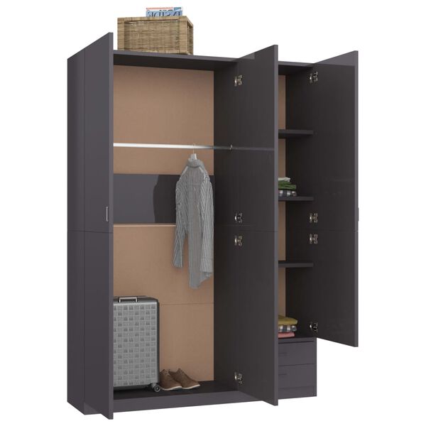 vidaXL 3-Door Wardrobe High Gloss Grey 120x50x180 cm Engineered Wood
