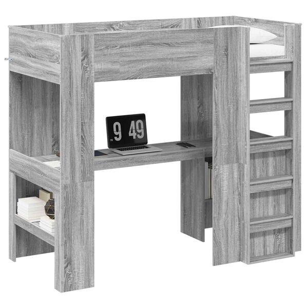 vidaXL Loft Bed Frame with Desk with Storage Grey Sonoma 98.5 x 200 cm