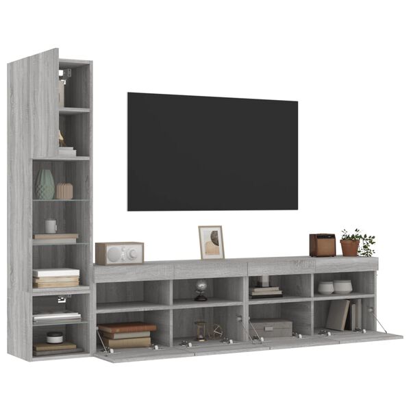vidaXL 4 Piece TV Wall Units with LED Grey Sonoma Engineered Wood