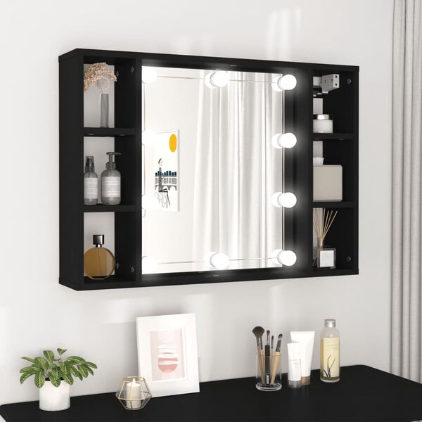 vidaXL Mirror Cabinet with LED Black 76x15x55 cm