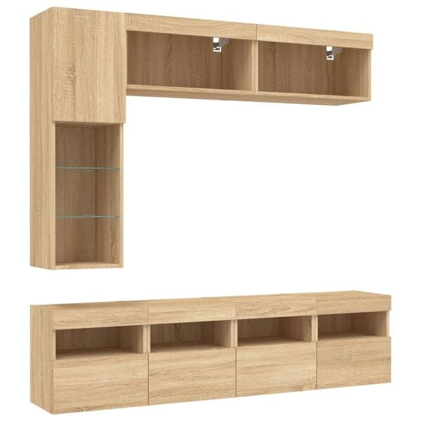 vidaXL 7 Piece TV Wall Cabinet Set with LED Lights Sonoma Oak