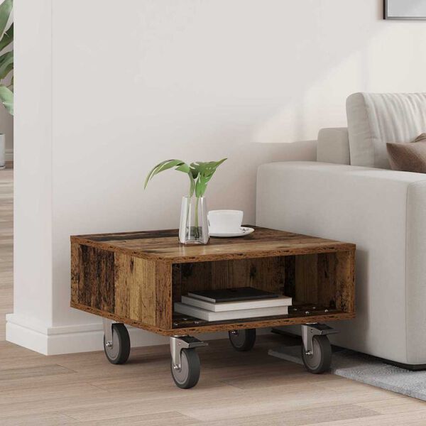 vidaXL Side Table with Wheels Old Wood 50.5 x 50 x 30 cm