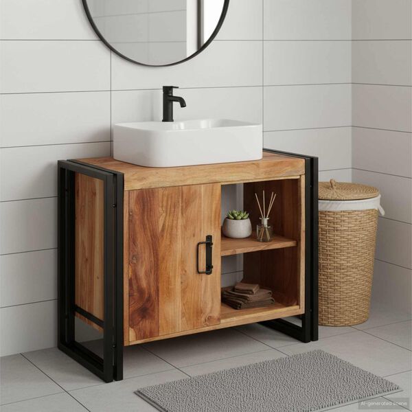 vidaXL Bathroom Sink Cabinet with Door Solid Acacia wood and Iron