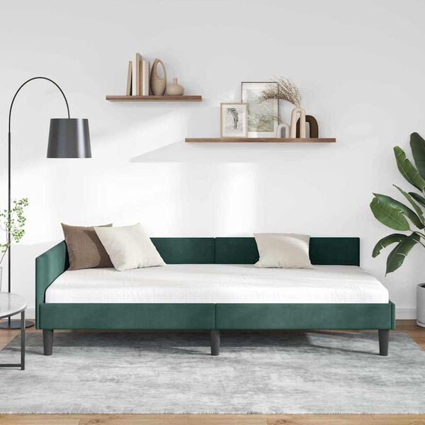 vidaXL Corner Bed Frame Dark Green 90 cm x 200 cm Velvet