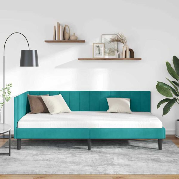 vidaXL Corner Bed Frame with Headboard Turquoise 90 cm x 200 cm Velvet