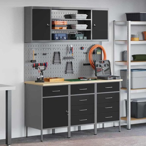 vidaXL Work Cabinet with Drawer 7 pcs Black Engineered Wood and Steel