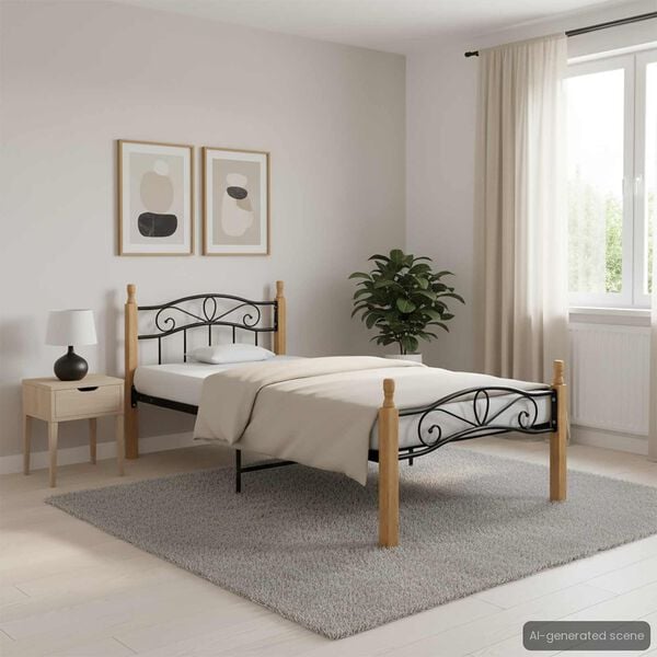 vidaXL Bed Frame without Mattress Black Metal&Solid Oak Wood 100x200 cm
