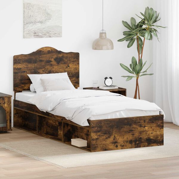vidaXL Bed Frame with Headboard Smoked Oak 75 x 190 cm Solid Pine Wood