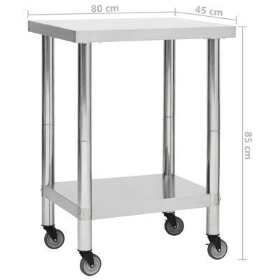 vidaXL Kitchen Work Table with Wheels 80x45x85 cm Stainless Steel