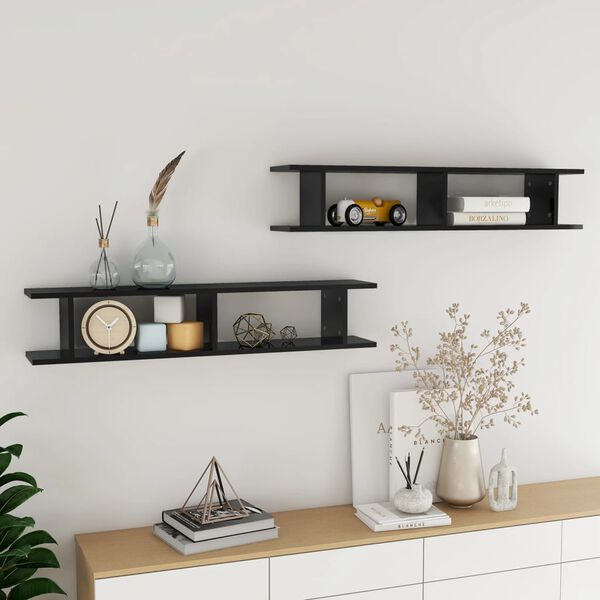 vidaXL Wall Shelf 2pcs High Gloss Black 105x18x20cm Engineered Wood