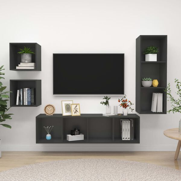vidaXL 4 Piece TV Cabinet Set Grey Engineered Wood