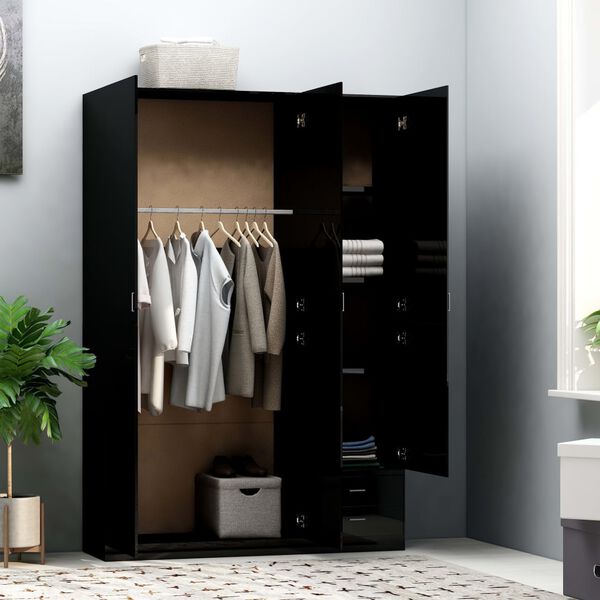 vidaXL 3-Door Wardrobe High Gloss Black 120x50x180 cm Engineered Wood