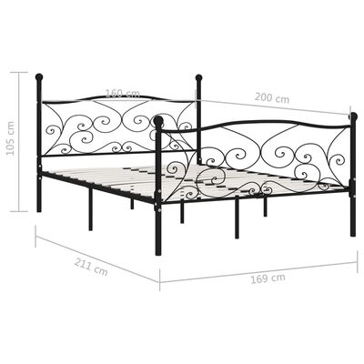vidaXL Bed Frame with Slatted Base Black Metal 160x200 cm