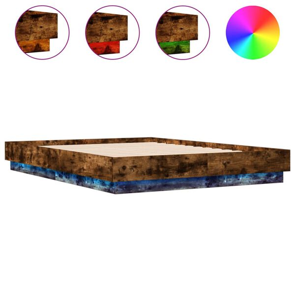 vidaXL Bed Frame with LED without Mattress Smoked Oak 140x190 cm